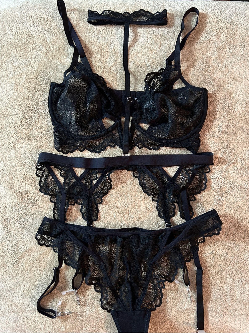 Thistle and Spire Black Lace Strappy Bra, Garter Belt & Thong Set